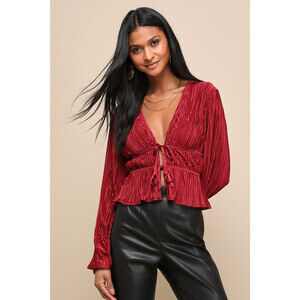 Luxe Designs Wine Red Plisse Satin Long Sleeve Tie-Front Top